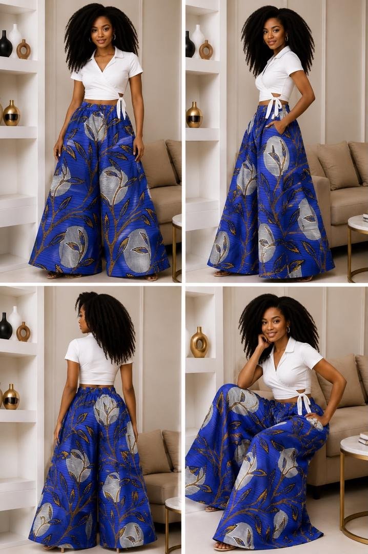 Cobalt Blue and Silver Floral Medallion, Wide-Leg Ankara Pants and Palazzo Trousers Only. 4 A Woman Wearing A Cobalt Blue and Silver Floral Medallion, Wide-Leg Ankara Pants and Palazzo Trousers Only.