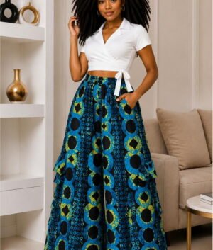 A Woman Wearing An African Royal Blue and Turquoise Wide-Leg Ankara Cargo Pants and Geometric Circular Palazzo Trousers.