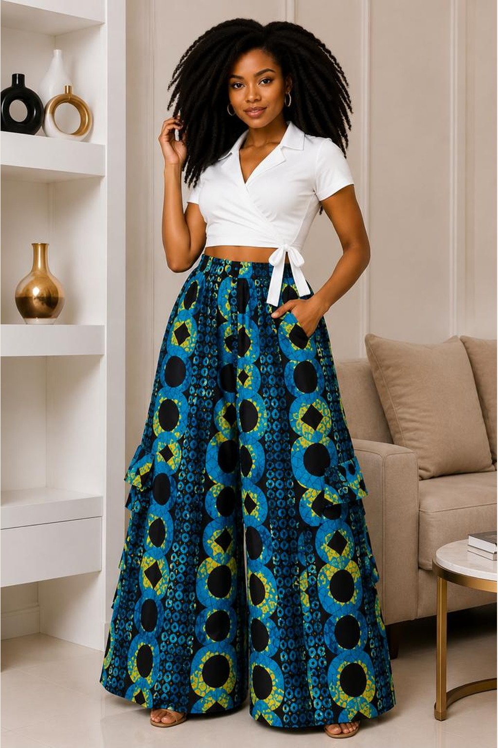 A Woman Wearing An African Royal Blue and Turquoise Wide-Leg Ankara Cargo Pants and Geometric Circular Palazzo Trousers.