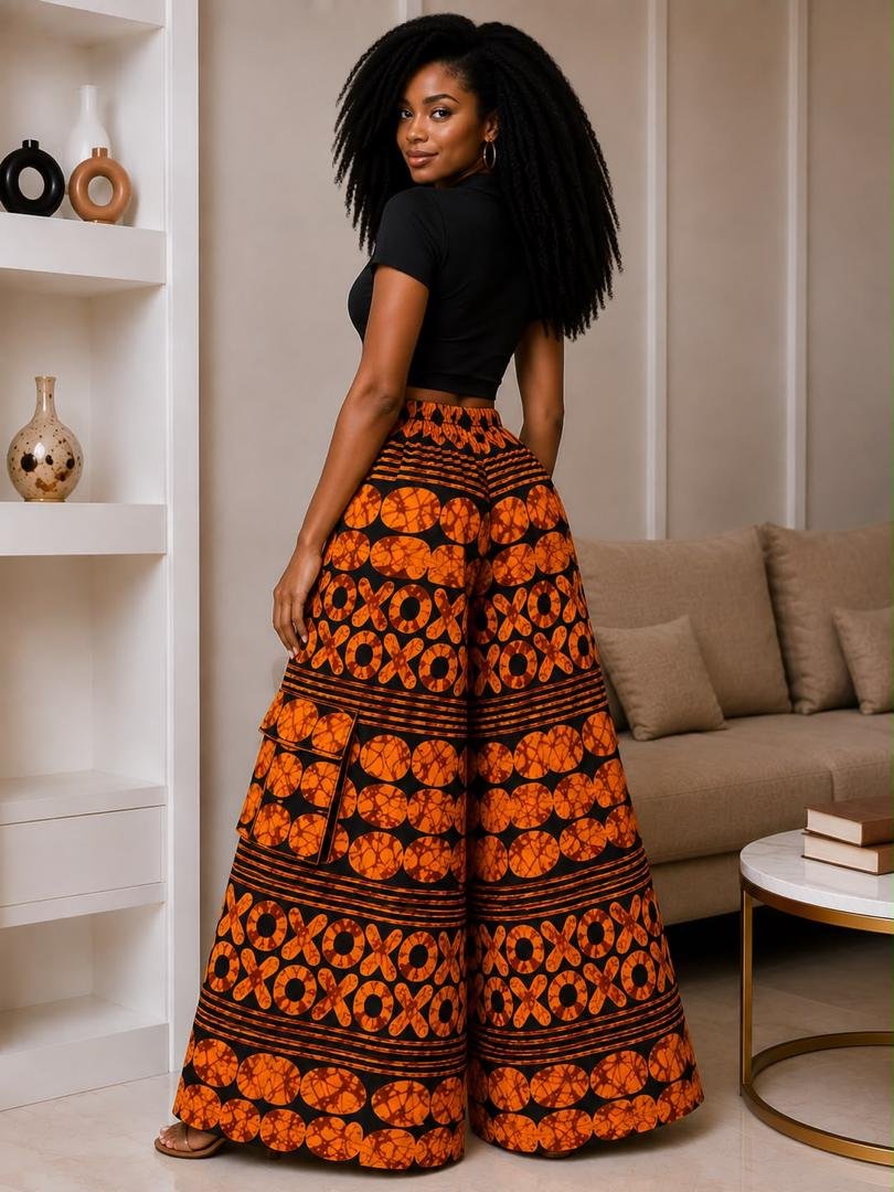 Terracotta Orange and Black Polka Dot Wide-Leg Ankara Cargo Pants and Palazzo Trousers Only. 3 Woman Wearing A Terracotta Orange and Black Polka Dot Wide-Leg Ankara Cargo Pants and Palazzo Trousers Only.