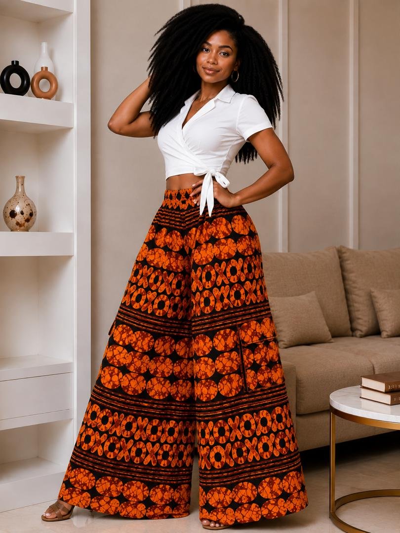 Terracotta Orange and Black Polka Dot Wide-Leg Ankara Cargo Pants and Palazzo Trousers Only. 2 Woman Wearing A Terracotta Orange and Black Polka Dot Wide-Leg Ankara Cargo Pants and Palazzo Trousers Only.