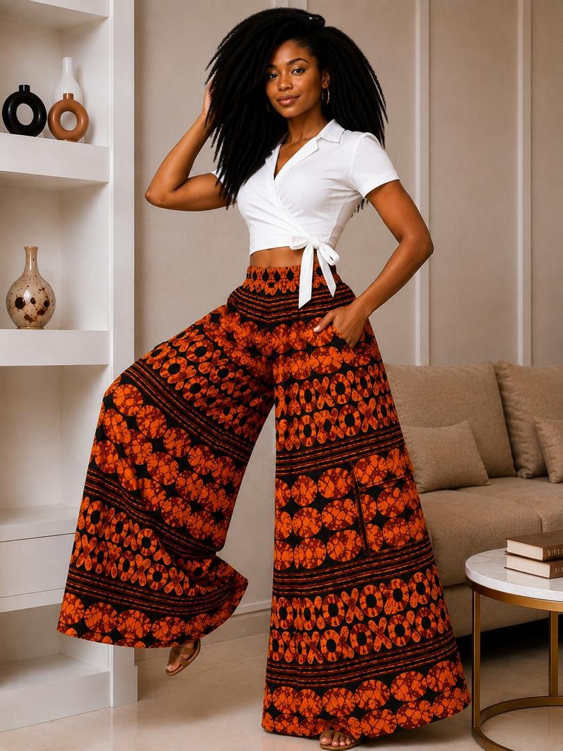 Terracotta Orange and Black Polka Dot Wide-Leg Ankara Cargo Pants and Palazzo Trousers Only. 4 Woman Wearing A Terracotta Orange and Black Polka Dot Wide-Leg Ankara Cargo Pants and Palazzo Trousers Only.