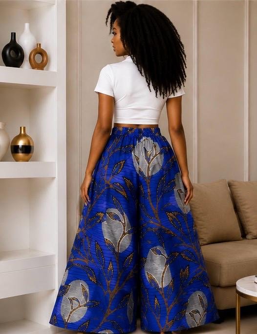 Cobalt Blue and Silver Floral Medallion, Wide-Leg Ankara Pants and Palazzo Trousers Only. 3 A Woman Wearing A Cobalt Blue and Silver Floral Medallion, Wide-Leg Ankara Pants and Palazzo Trousers Only.