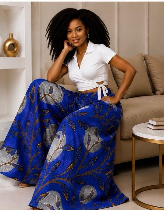 Cobalt Blue and Silver Floral Medallion, Wide-Leg Ankara Pants and Palazzo Trousers Only. 2 A Woman Wearing A Cobalt Blue and Silver Floral Medallion, Wide-Leg Ankara Pants and Palazzo Trousers Only.