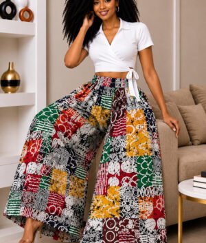 Multicolor Abstract Wide-Leg Ankara Cargo Pants and Patchwork Geometric Palazzo Trousers Only.