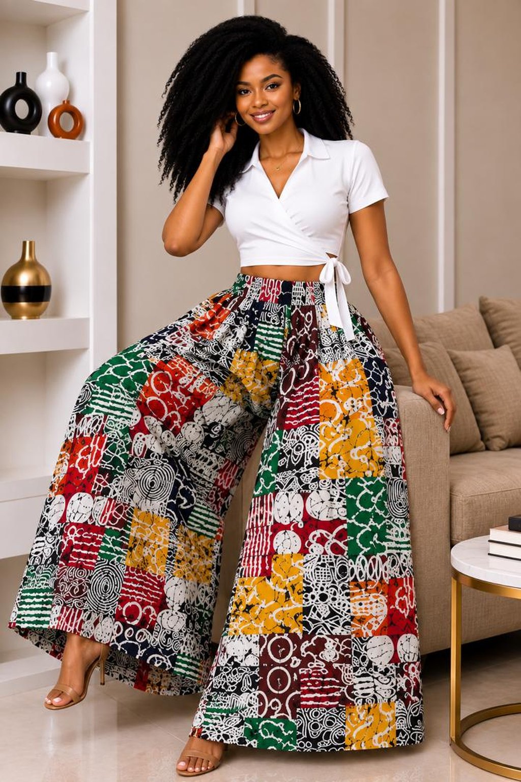Multicolor Abstract Wide-Leg Ankara Cargo Pants and Patchwork Geometric Palazzo Trousers Only.