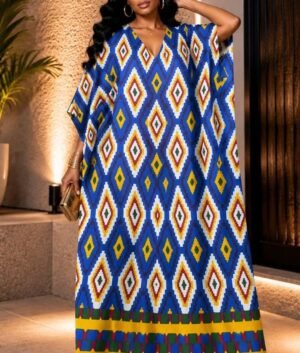 Woman Wearing A Blue Geometric African Kaftan Dress, Diamond Print Boubou Gown, Silk Ankara Bubu Maxi, Luxury Resort Wear and Loose Fit Summer Kimono.
