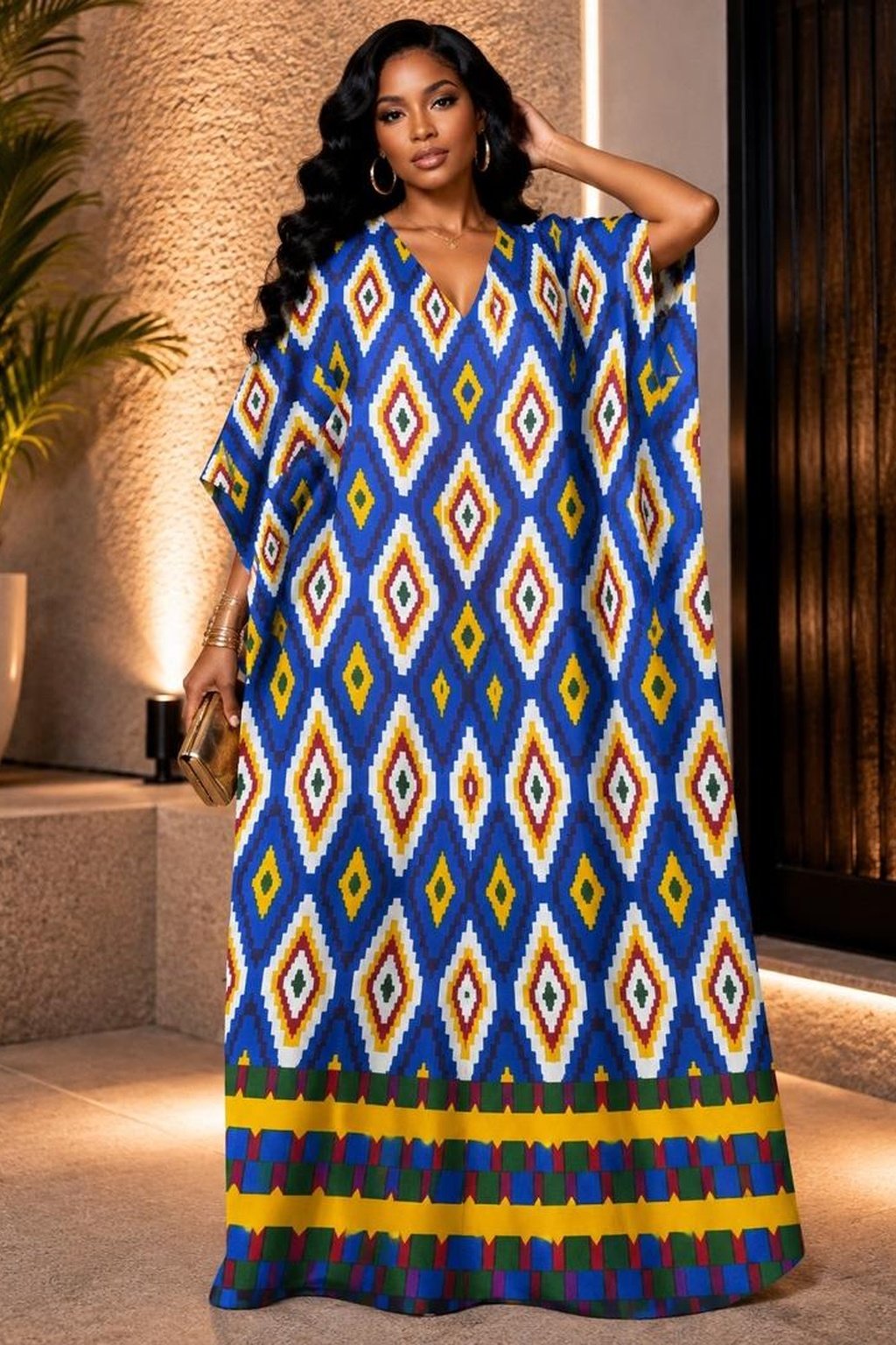 Woman Wearing A Blue Geometric African Kaftan Dress, Diamond Print Boubou Gown, Silk Ankara Bubu Maxi, Luxury Resort Wear and Loose Fit Summer Kimono.