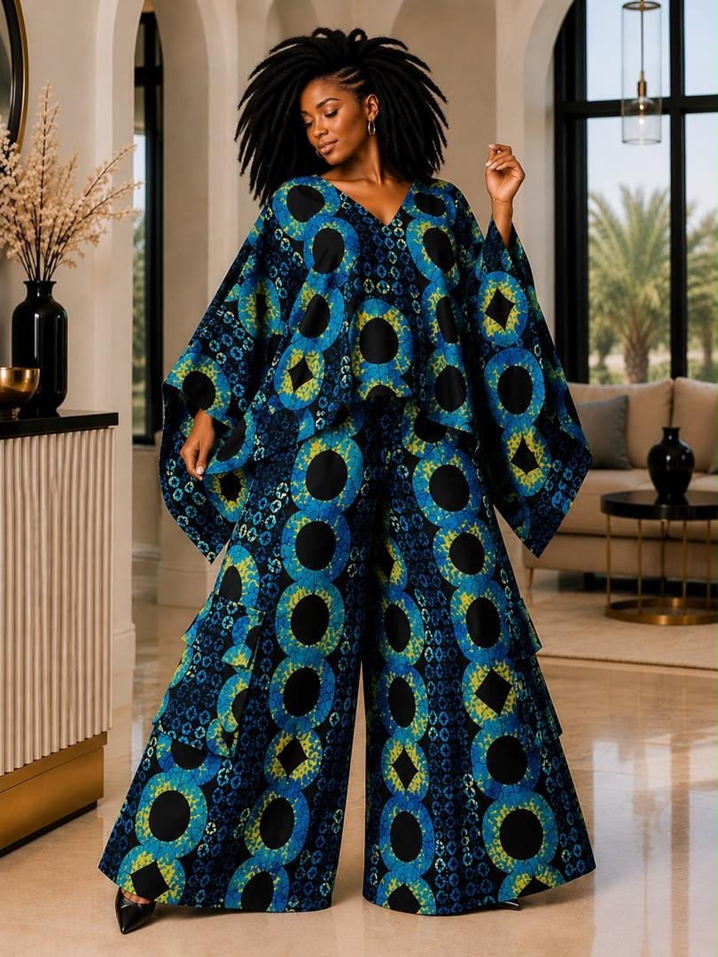 Sapphire & Marigold Interlocking Circle Poncho Top & Wide-Leg Pants Set. 3 A Woman Wearing A Sapphire & Marigold Interlocking Circle Poncho Top & Wide-Leg Pants Set.