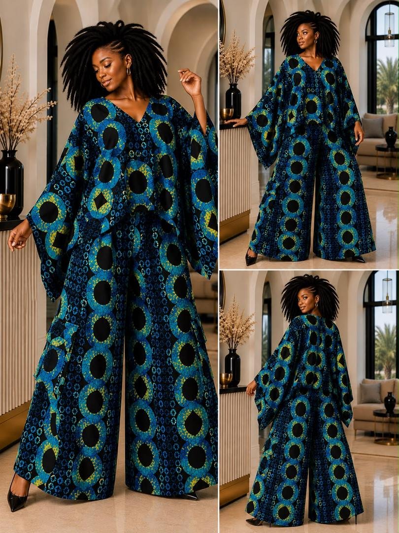Sapphire & Marigold Interlocking Circle Poncho Top & Wide-Leg Pants Set. 2 A Woman Wearing A Sapphire & Marigold Interlocking Circle Poncho Top & Wide-Leg Pants Set.