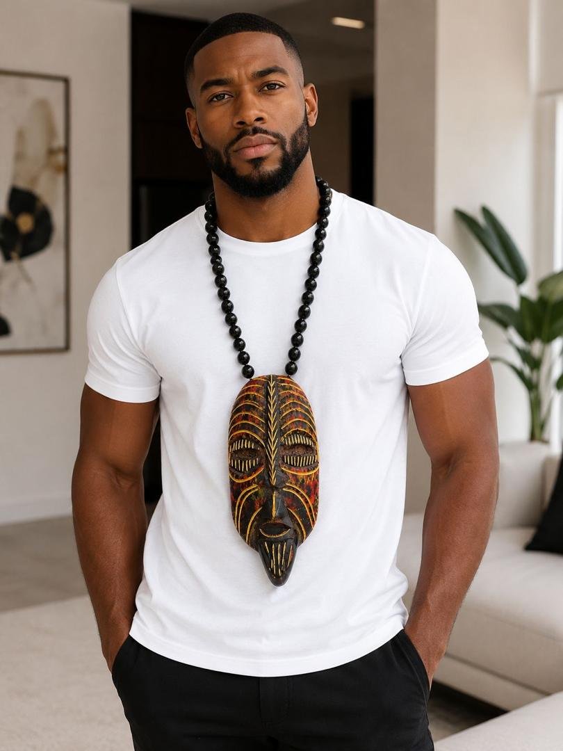 Hand Carved African Mask Necklace, Wooden Statement Pendant, Black Beaded Tribal Choker, Men Unisex Cowrie Shell Jewelry And Authentic Artisan Gift. 10 Man Wearing A Hand Carved African Mask Necklace, Wooden Statement Pendant, Black Beaded Tribal Choker, Men Unisex Cowrie Shell Jewelry And Authentic Artisan Gift.