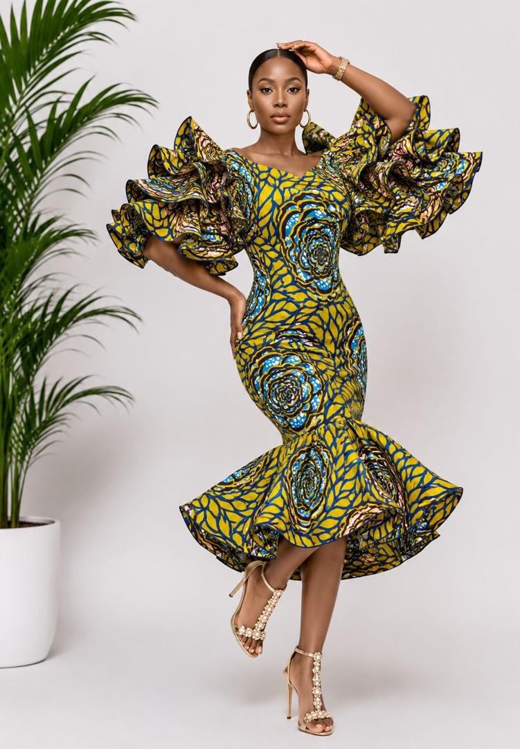 Royal Rosette Ankara Multi-Tiered Ruffle Mermaid Midi Dress. 3 A Woman Wearing A Royal Rosette Ankara Multi-Tiered Ruffle Mermaid Midi Dress.