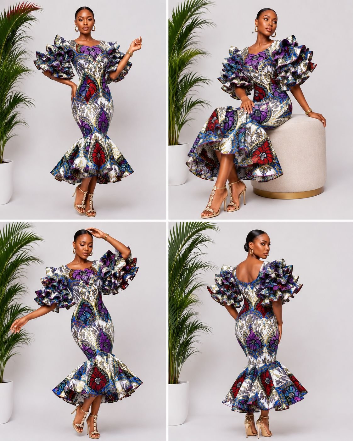 Imperial Tapestry Ankara Multi-Tiered Ruffle Mermaid Dress. 2 A Woman Wearing An Imperial Tapestry Ankara Multi-Tiered Ruffle Mermaid Dress.