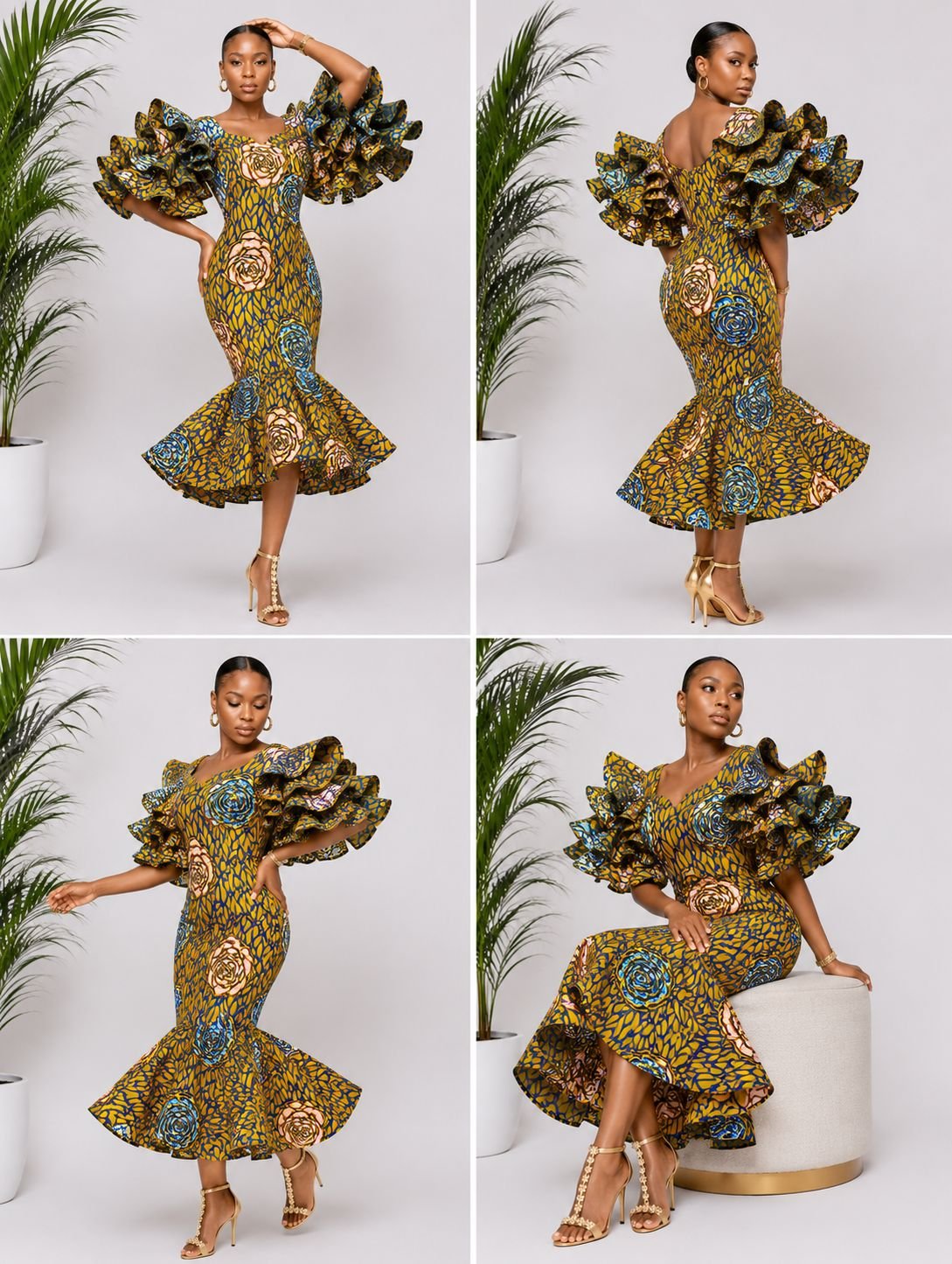 Royal Rosette Ankara Multi-Tiered Ruffle Mermaid Midi Dress. 2 A Woman Wearing A Royal Rosette Ankara Multi-Tiered Ruffle Mermaid Midi Dress.