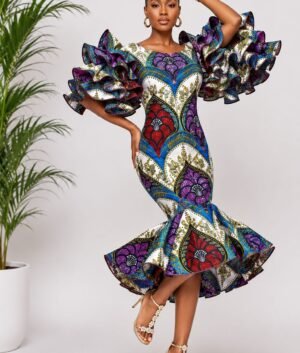 A Woman Wearing An Imperial Tapestry Ankara Multi-Tiered Ruffle Mermaid Dress.
