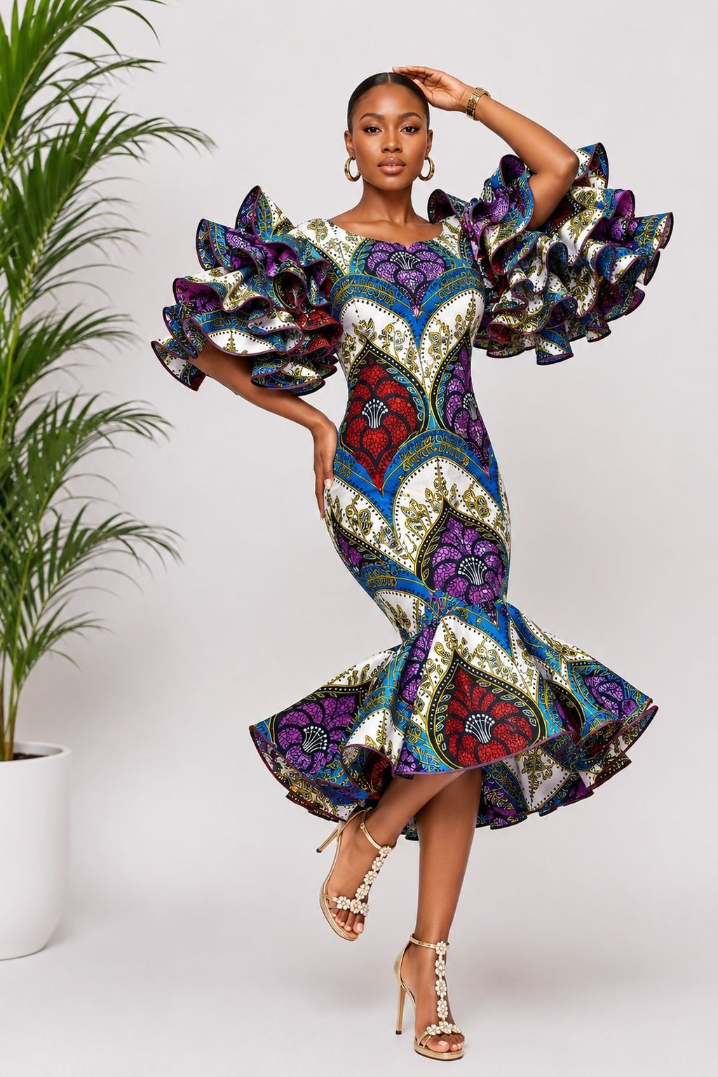 A Woman Wearing An Imperial Tapestry Ankara Multi-Tiered Ruffle Mermaid Dress.