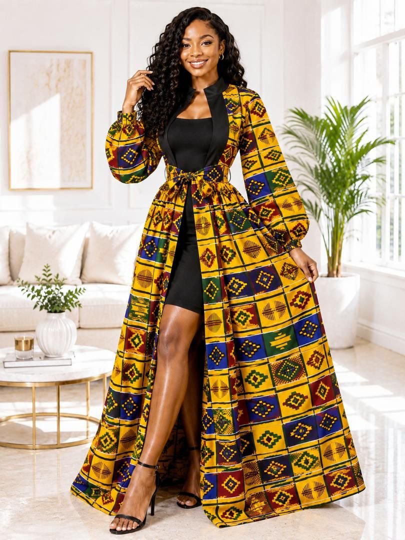 Empress Kente Print Maxi Duster Jacket And Black Bodycon Dress Set. 3 A Woman Wearing An Empress Kente Print Maxi Duster Jacket & Black Bodycon Dress Set.