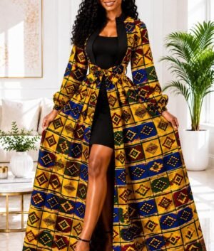A Woman Wearing An Empress Kente Print Maxi Duster Jacket & Black Bodycon Dress Set.
