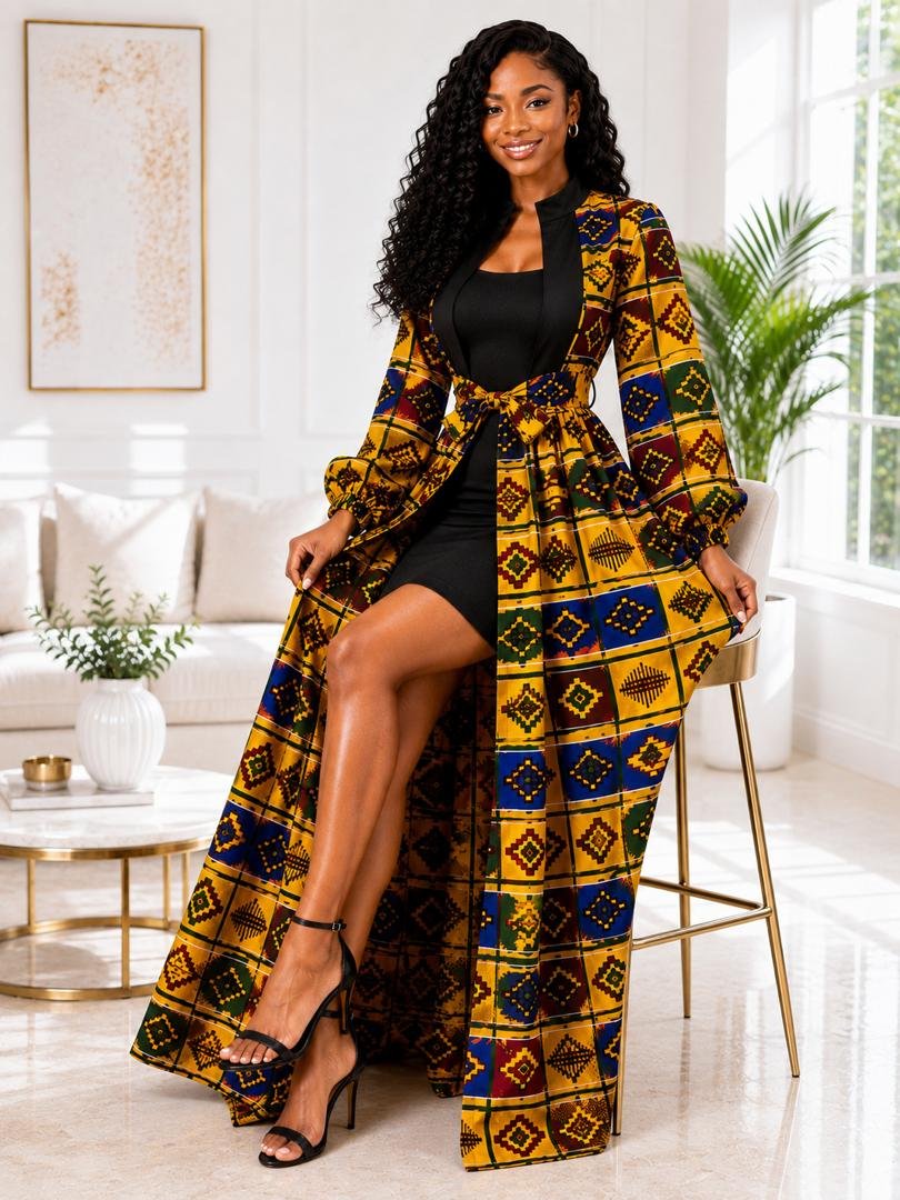 Empress Kente Print Maxi Duster Jacket And Black Bodycon Dress Set. 2 A Woman Wearing An Empress Kente Print Maxi Duster Jacket & Black Bodycon Dress Set.