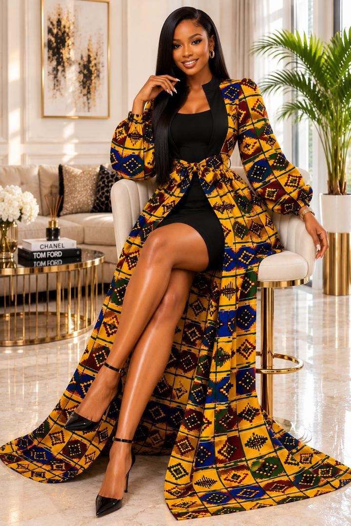 Empress Kente Print Maxi Duster Jacket And Black Bodycon Dress Set. 4 A Woman Wearing An Empress Kente Print Maxi Duster Jacket & Black Bodycon Dress Set.