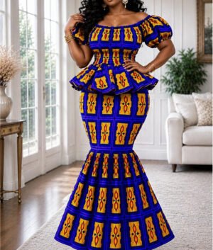 Woman Wearing A Vibrant Blue and Yellow Ankara Mermaid Dress Set, Off-Shoulder African Print Peplum Top and Flared Skirt, Kente Inspired Traditional Ghanaian Dress, Smocked Bodycon Wedding Guest Outfit, Wax Print Prom Gown