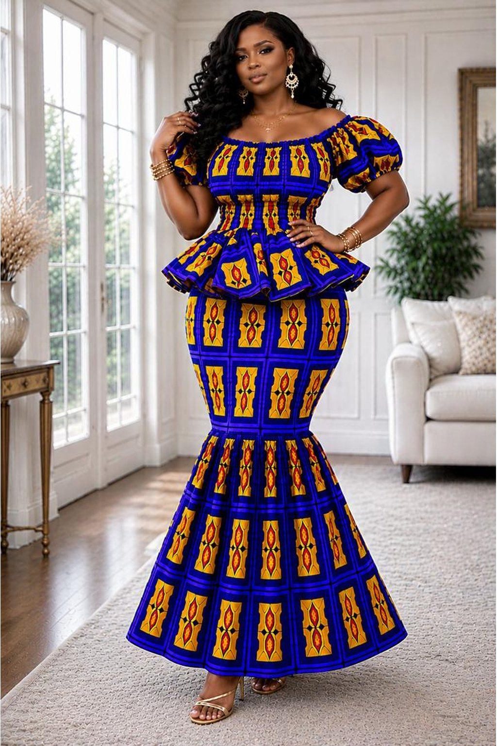 Woman Wearing A Vibrant Blue and Yellow Ankara Mermaid Dress Set, Off-Shoulder African Print Peplum Top and Flared Skirt, Kente Inspired Traditional Ghanaian Dress, Smocked Bodycon Wedding Guest Outfit, Wax Print Prom Gown