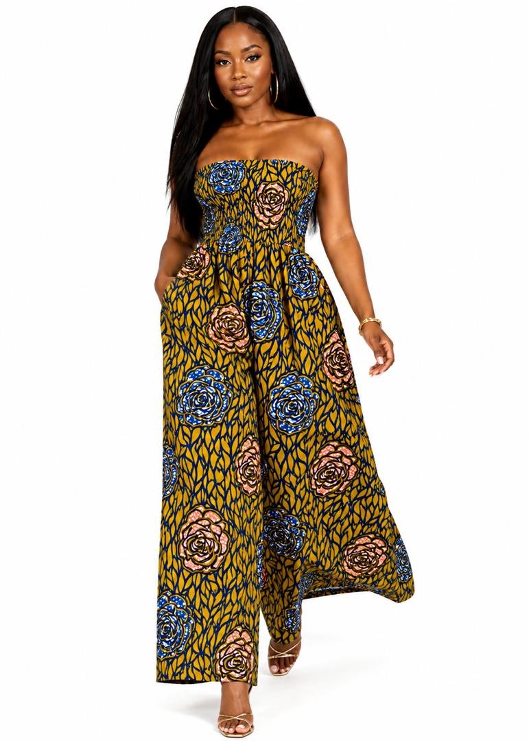 African Print Yellow & Blue Strapless Wide‑Leg Jumpsuit with Pockets, Floral Palazzo Romper And Bold Ankara Floral Statement Outfit. 2 Women Wearing An African Print Yellow & Blue Strapless Wide‑Leg Jumpsuit with Pockets, Floral Palazzo Romper And Bold Ankara Floral Statement Outfit.