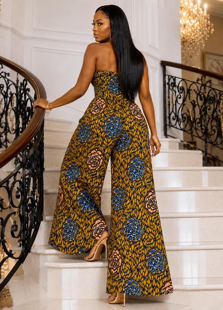 African Print Yellow & Blue Strapless Wide‑Leg Jumpsuit with Pockets, Floral Palazzo Romper And Bold Ankara Floral Statement Outfit. 3 Women Wearing An African Print Yellow & Blue Strapless Wide‑Leg Jumpsuit with Pockets, Floral Palazzo Romper And Bold Ankara Floral Statement Outfit.