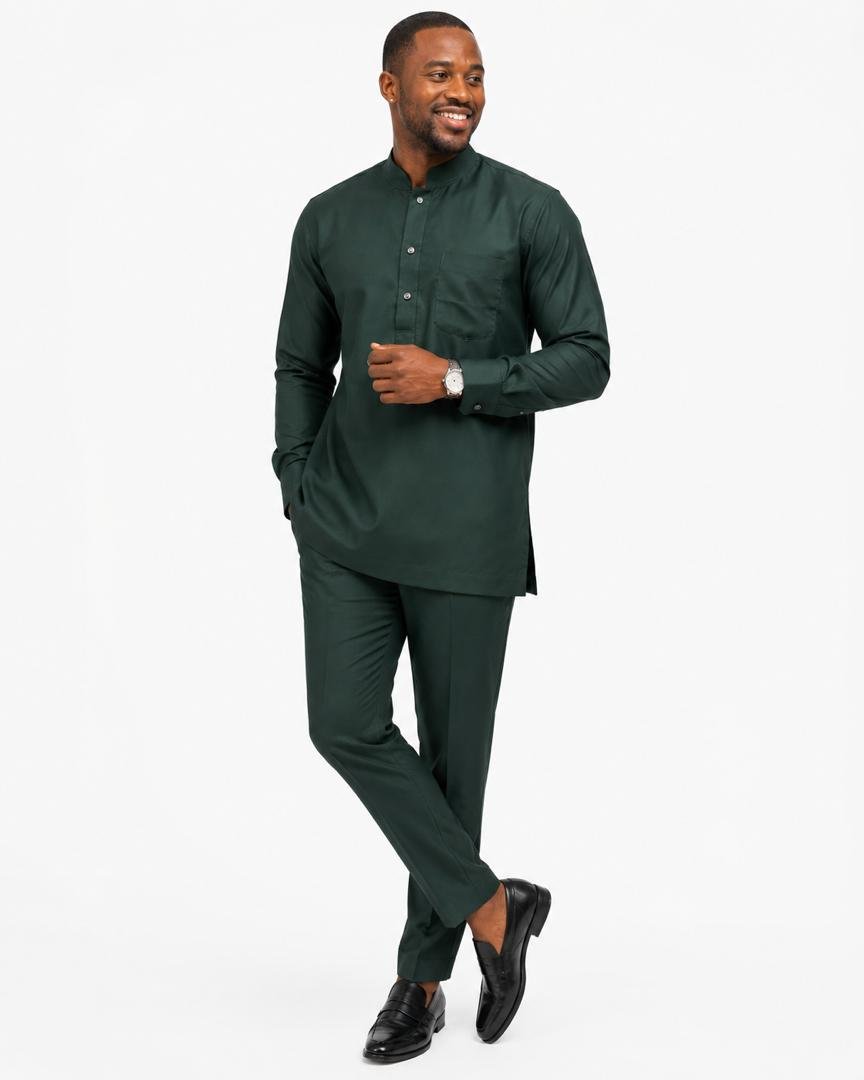 Men All‑Emerald Green African‑Inspired Long Sleeve Set, Modern Kaftan Shirt & Slim Pants. 2 Man Wearing All‑Emerald Green African‑Inspired Long Sleeve Set, Modern Kaftan Shirt & Slim Pants.