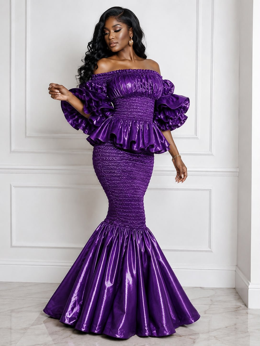 Khadija Metallic Smocked Mermaid Dress – Royal Purple Satin Two-Piece Gown with Dramatic Tiered Ruffles. 3 Woman Wearing A Khadija Metallic Smocked Mermaid Dress – Royal Purple Satin Two-Piece Gown with Dramatic Tiered Ruffles