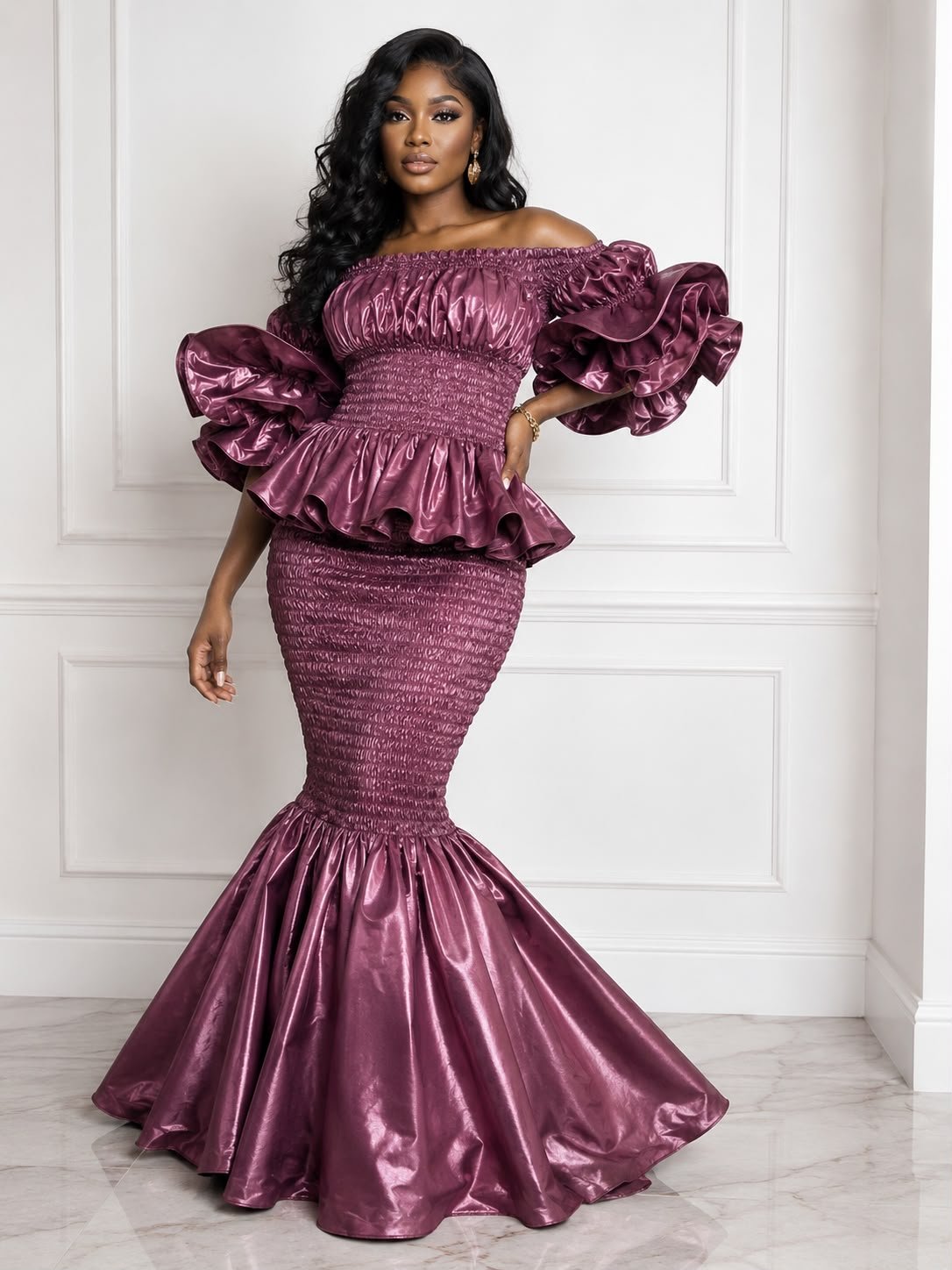 Zuri Metallic Smocked Mermaid Dress – Deep Plum Satin Two-Piece Gown with Dramatic Tiered Ruffles. 3 Woman Wearing A Zuri Metallic Smocked Mermaid Dress – Deep Plum Satin Two-Piece Gown with Dramatic Tiered Ruffles.
