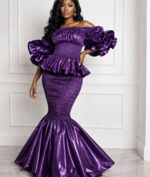 Woman Wearing A Khadija Metallic Smocked Mermaid Dress – Royal Purple Satin Two-Piece Gown with Dramatic Tiered Ruffles