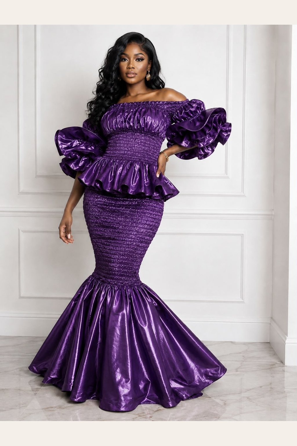 Woman Wearing A Khadija Metallic Smocked Mermaid Dress – Royal Purple Satin Two-Piece Gown with Dramatic Tiered Ruffles