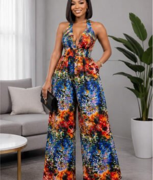 Woman Wearing A Aurora Wide-Leg Halter Jumpsuit – Vibrant Abstract Multi-Color Print with Pockets.