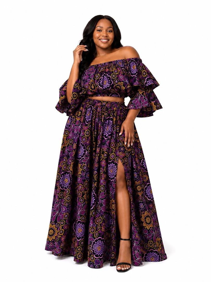 Women African Print Two‑Piece Set, Purple Ankara Crop Top & Maxi Skirt. 4 Woman Wearing An African Print Off‑Shoulder Two‑Piece Set, Purple Ankara Crop Top & Maxi Skirt.
