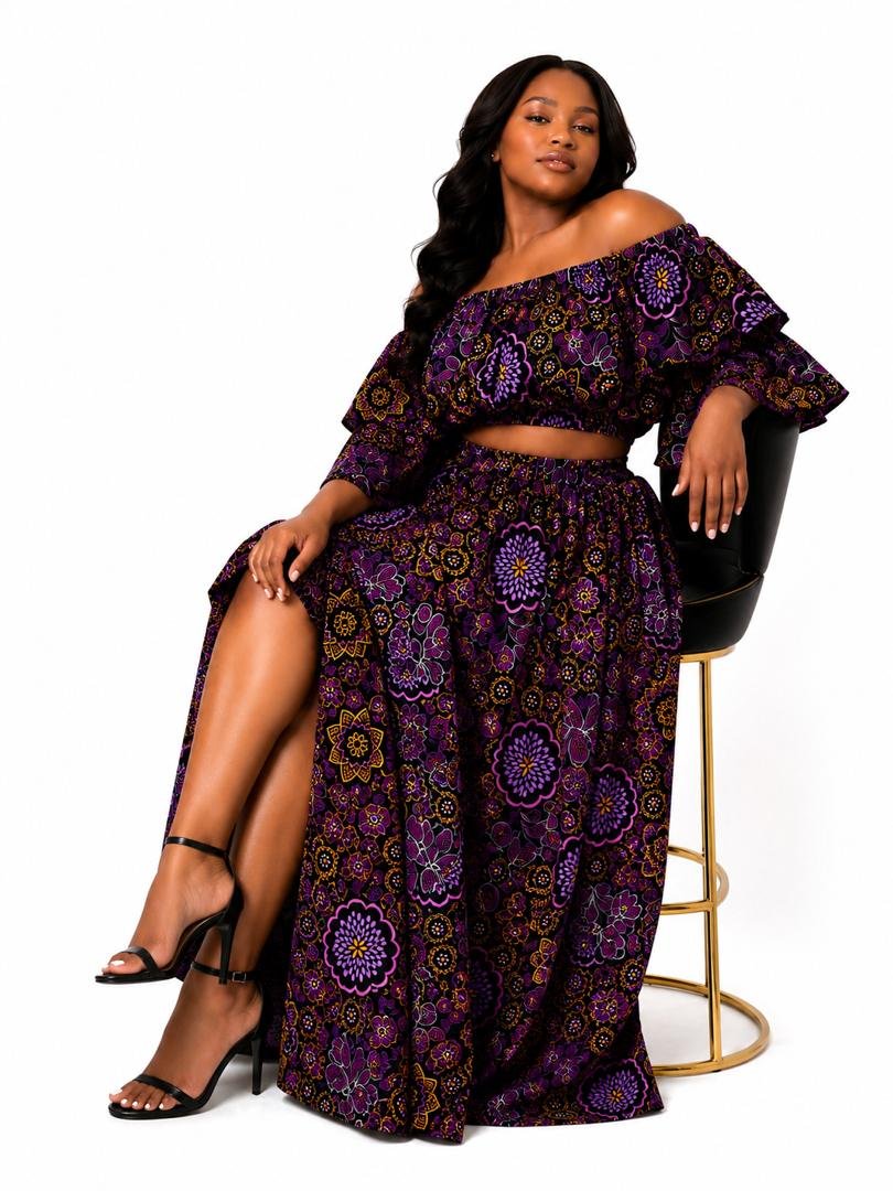 Women African Print Two‑Piece Set, Purple Ankara Crop Top & Maxi Skirt. 3 Woman Wearing An African Print Off‑Shoulder Two‑Piece Set, Purple Ankara Crop Top & Maxi Skirt.
