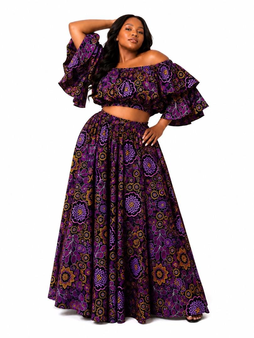 Women African Print Two‑Piece Set, Purple Ankara Crop Top & Maxi Skirt. 2 Woman Wearing An African Print Off‑Shoulder Two‑Piece Set, Purple Ankara Crop Top & Maxi Skirt.