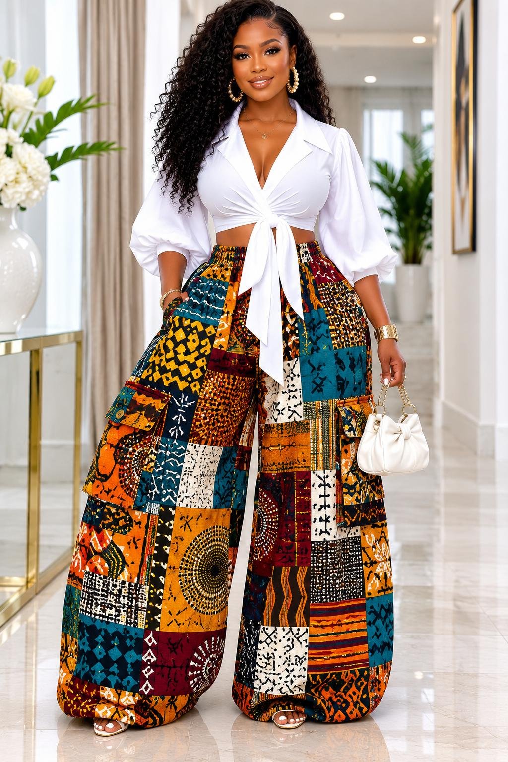 Woman Wearing An African Print Patchwork Wide Leg Pants Set, Ankara Cargo Trousers with White Wrap Crop Top And Multi Pattern Tribal Co-Ord Set.