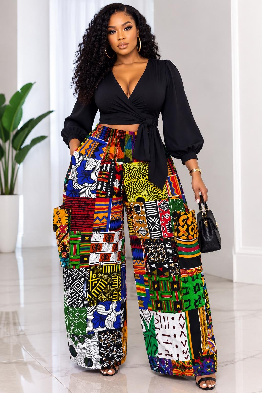 Woman Wearing An African Print Patchwork Wide Leg Pants Set, Ankara Cargo Trousers with Black Wrap Crop Top And Multi Pattern Tribal Co-ord Set.