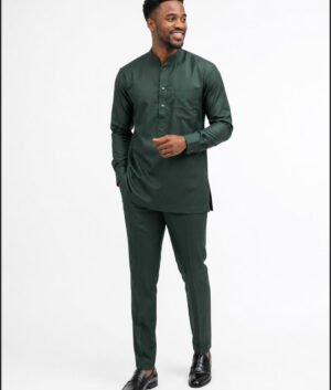 Man Wearing All‑Emerald Green African‑Inspired Long Sleeve Set, Modern Kaftan Shirt & Slim Pants.