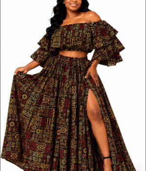 Women Wearing An African Print Off‑Shoulder Two‑Piece Set, Red, Yellow & Green Ankara Crop Top & Maxi Skirt