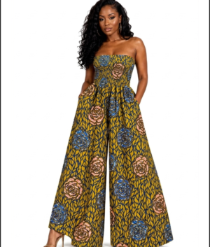Women Wearing An African Print Yellow & Blue Strapless Wide‑Leg Jumpsuit with Pockets, Floral Palazzo Romper And Bold Ankara Floral Statement Outfit.