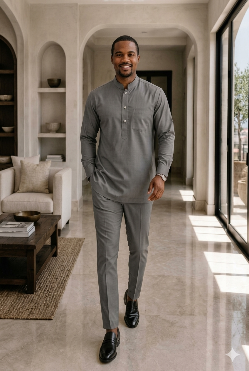 Man Wearing All-Grey African‑Inspired Long Sleeve Set, Modern Kaftan Shirt & Slim Pants.