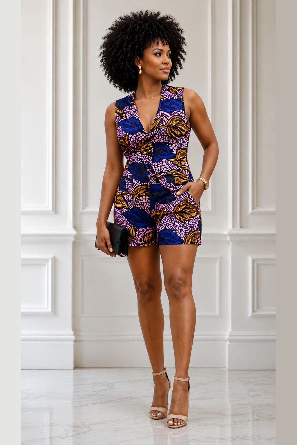 Woman Wearing An African Print Sleeveless Romper, Bold Ankara Short Jumpsuit, Elegant Summer Outfit for Parties, Brunch & Everyday Style.