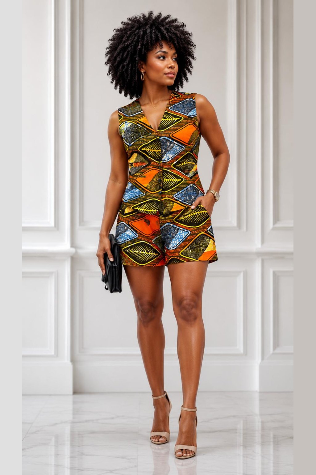 Woman Wearing An African Print Sleeveless Romper, Bold Ankara Short Jumpsuit, Elegant Summer Outfit for Parties, Brunch & Everyday Style.