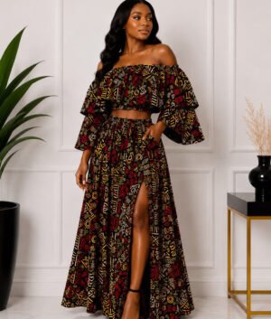 Women Wearing An African Print Off‑Shoulder Two‑Piece Set, Red, Yellow & Green Ankara Crop Top & Maxi Skirt