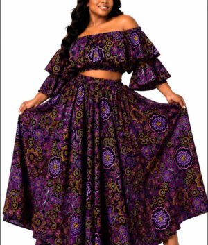 Woman Wearing An African Print Off‑Shoulder Two‑Piece Set, Purple Ankara Crop Top & Maxi Skirt.