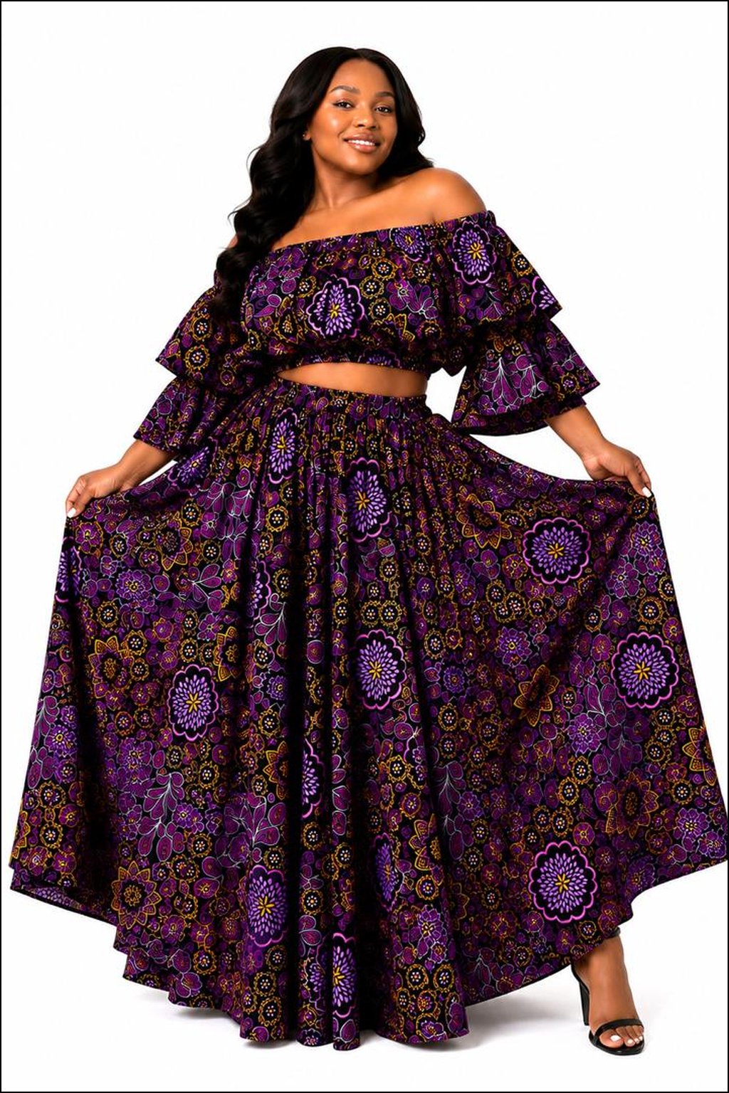 Woman Wearing An African Print Off‑Shoulder Two‑Piece Set, Purple Ankara Crop Top & Maxi Skirt.