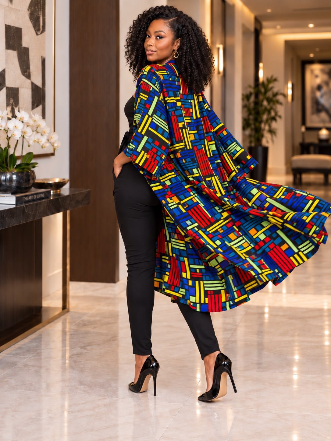 Royal Geometric Grid Asymmetric Kimono Jacket And High-Waisted Shorts Set. 3 A Woman Wearing A Royal Geometric Grid Asymmetric Kimono Jacket And High-Waisted Shorts Set.
