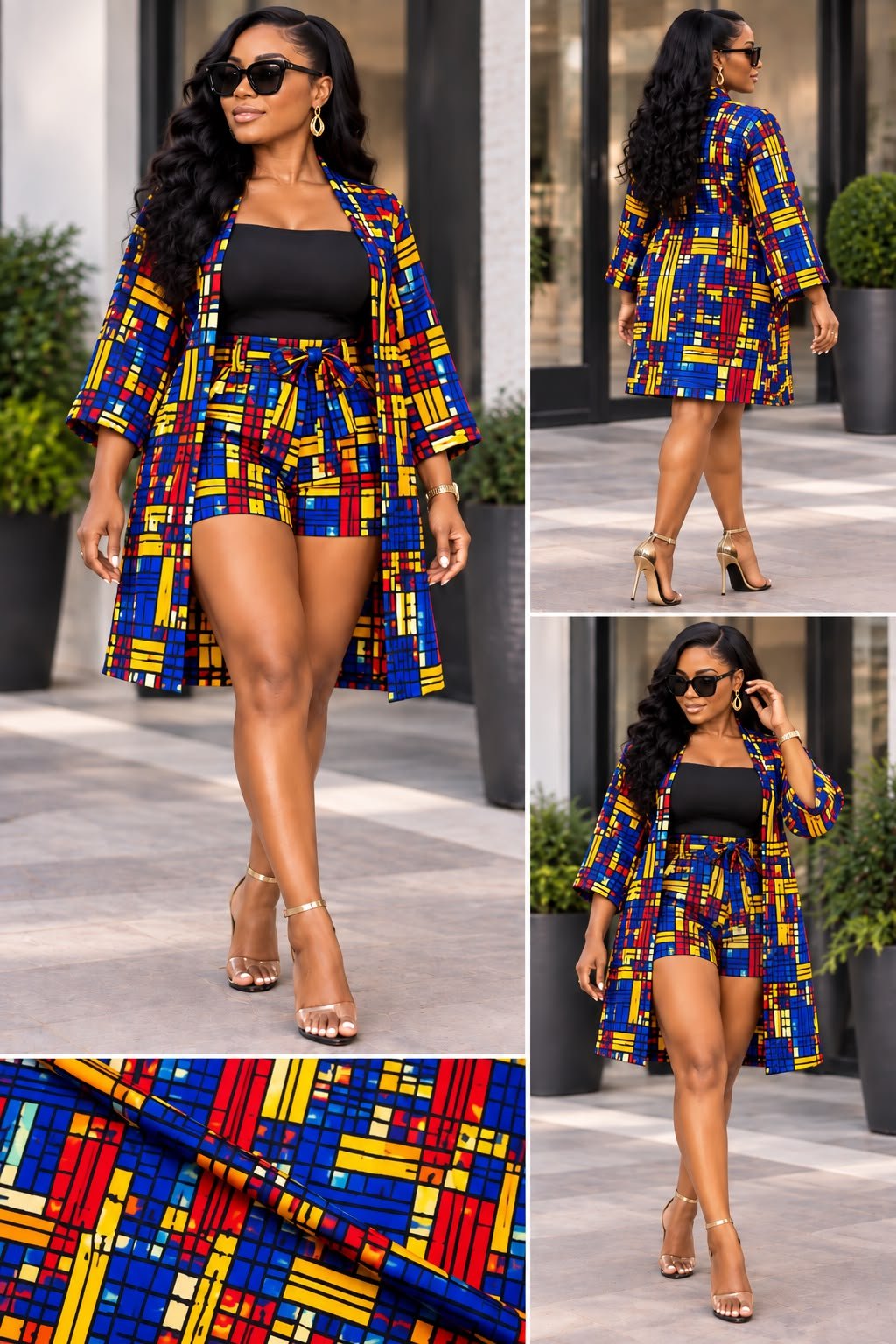Royal Geometric Grid Asymmetric Kimono Jacket And High-Waisted Shorts Set. 4 A Woman Wearing A Royal Geometric Grid Asymmetric Kimono Jacket And High-Waisted Shorts Set.